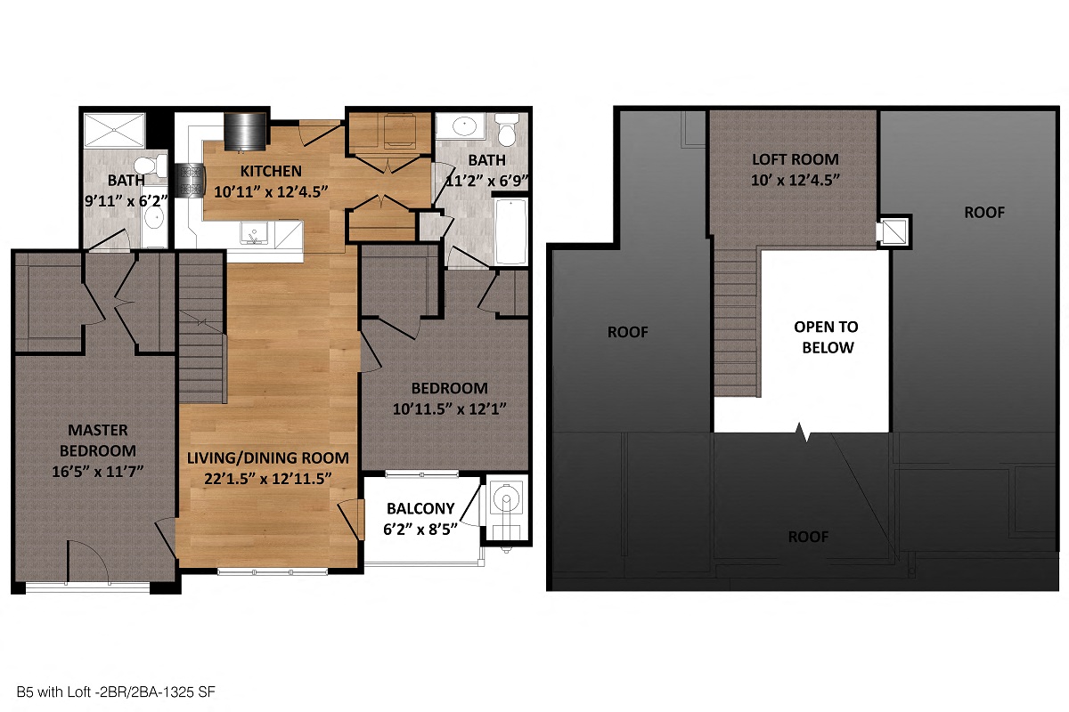 Floor plan for 2 beds, 2 baths, 1325 sqft